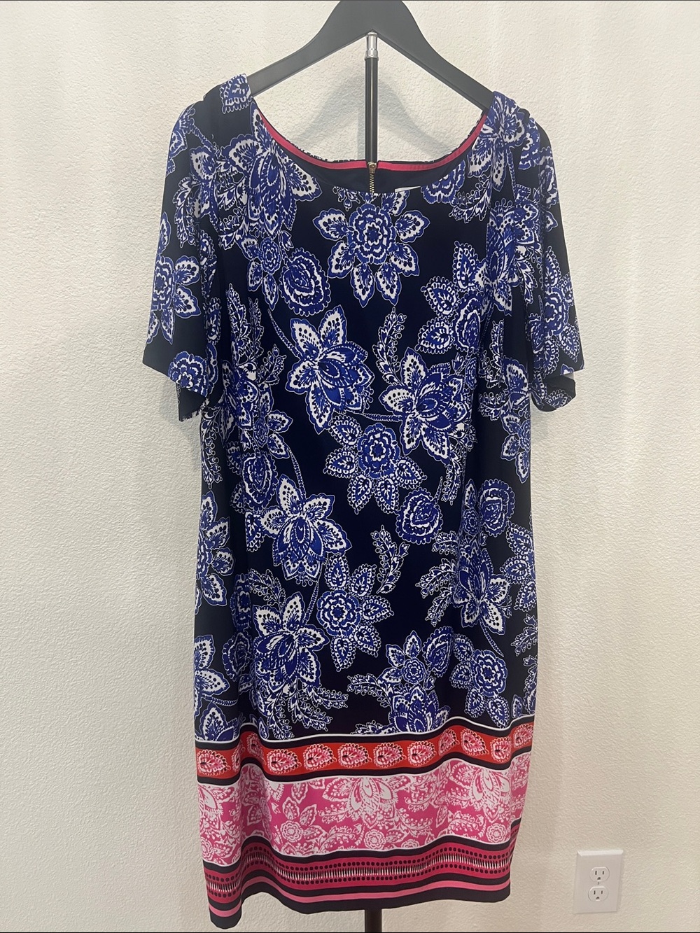 Eliza J Navy Floral Shift Dress with Pink Border